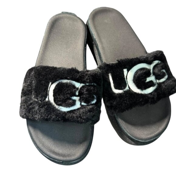 Ugg Black Fluffy Logo‎ Slide Sandals Women's Size 8 NEW - Picture 5 of 7